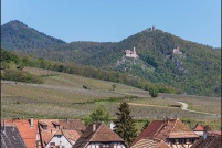 68150-Hunawihr.  Dans la montagne au fond les 3 châteaux de Ribeauvillé. En haut le Haut-Ribeaupierre, en bas à gauche le Saint-Ulrich et à droite le Girsberg. : 68,haut-rhin,Hunawihr,église,fortifiée,rue
